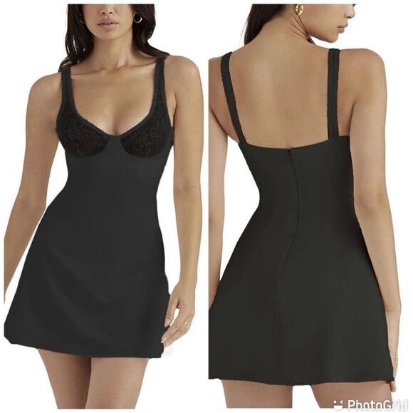 Elegant Short Dress Square Neck Lace Trim Bodycon Sleeveless Black Dress - Picture 1 of 11